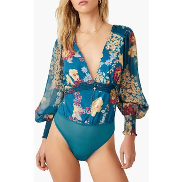 Free People Intimately Wanderlust Floral Print Bodysuit in Blue Jade Combo - Picture 1 of 11